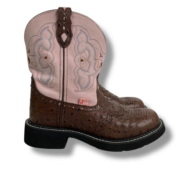 Justin Gypsy Cowboy Boots Leather Style L9935 Ostrich Print Pink Brown Size 7B - Picture 4 of 8
